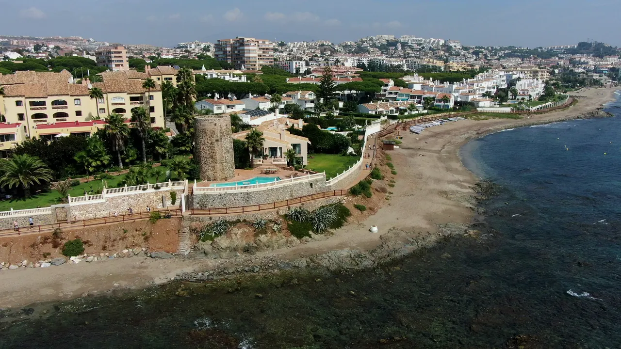 The old watchtower on the shore of Calahonda, from the air
