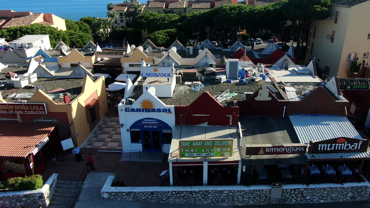 The Caribasol office in the Doña Lola centre, Calahonda, seen from the air